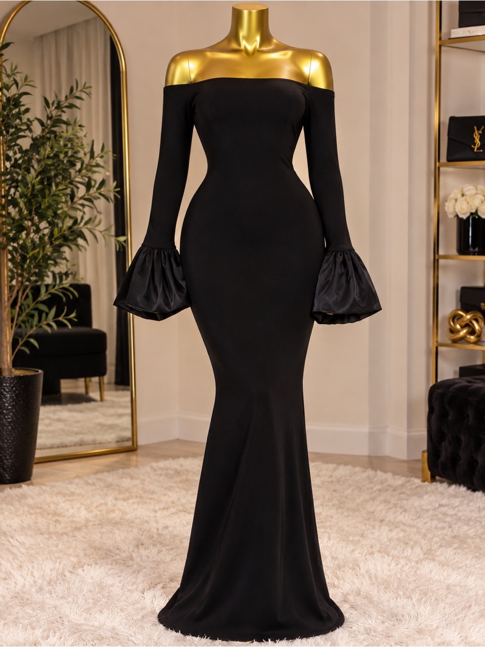 Elegant Off-Shoulder Black Evening Gown with Flared Satin Cuffs